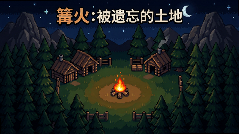 A pixel art top-down view of a small campfire in the center of a clearing, surrounded by dense pine forest and rocky mountains. Several small wooden huts and a fence are visible. Night sky with stars and a crescent moon. Warm orange glow from the fire. The game title '篝火:被遗忘的土地' appears at the top. Detailed 2D pixel art style, cozy atmosphere.