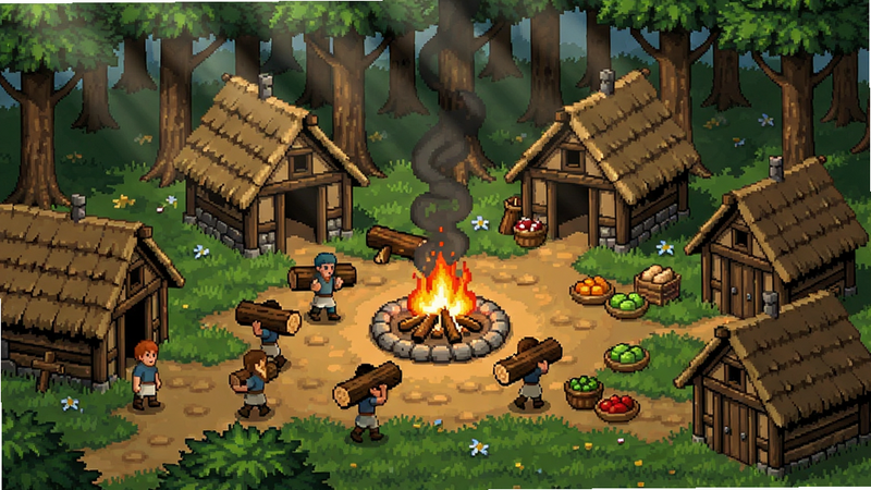 A screenshot of the in-game settlement showing multiple huts and a large central fire, with workers carrying logs and food. Daytime, bright sunlight filtering through trees. Detailed pixel art.