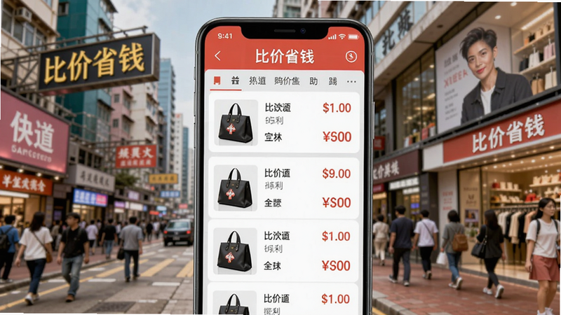 Price比价购物助手应用界面预览图,画面聚焦在手机屏幕展示商品列表与价格对比,背景为香港街景与购物场所,画面色彩明亮活泼,突出“比价省钱”主题