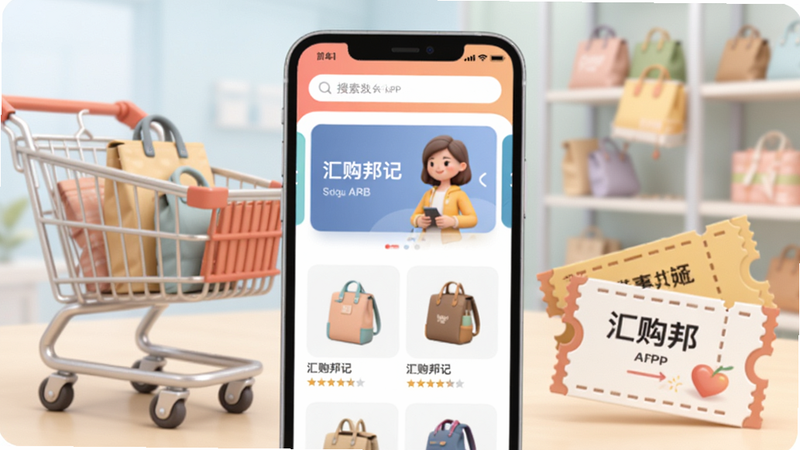 汇购邦记APP主界面预览,手机屏幕居中显示,首页布局包含顶部搜索栏、中部轮播图、下方商品瀑布流,背景为购物场景中的购物车和优惠券元素,使用Boogu模型生成,色彩明亮柔和,突出应用主要功能模块