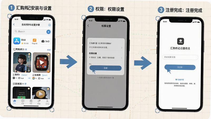 汇购邦记安装与设置步骤示意图,左侧手机屏幕显示应用商店搜索页,中间手机显示权限设置界面,右侧手机显示注册完成页面,三个手机用箭头连接,背景为浅色网格,使用Boogu模型生成,画面清晰标注步骤序号与关键操作点