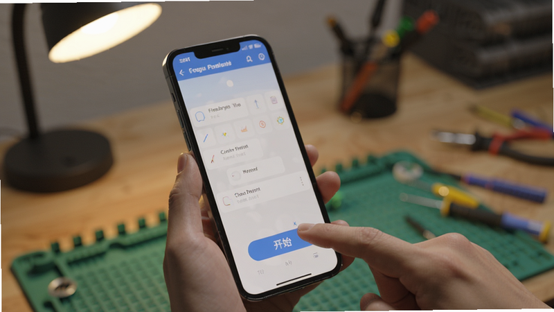 手机操作智能扩图助手的教程步骤图,手机上显示软件界面,手指正在点击开始按钮,背景为工作台,灯光柔和,细节清晰,适配Boogu模型生成
