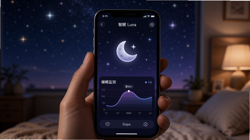 智眠Luna 展示手机屏幕上的睡眠监测界面,背景为星空,中央有月亮图标,下方显示睡眠曲线,整体色调为深蓝与紫色,温馨科技感,模拟真实使用场景