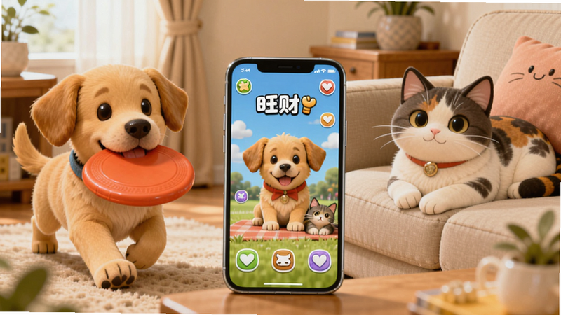 温馨客厅背景,左侧黄色小狗叼着飞盘,右侧花猫趴在沙发上,中间手机屏幕展示旺财小狗猫游戏主界面,画面明亮,卡通渲染,细节丰富,色彩柔和,整体氛围轻松愉悦