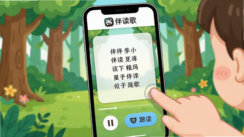 手机屏幕展示伴读歌App播放页面,顶部显示“伴读歌”Logo,中部为一句古诗的朗读界面,下方有暂停、跟读按钮,背景为卡通森林,画面色彩明亮,孩子手指触摸屏幕
