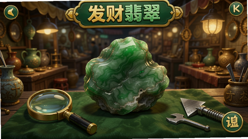 发财翡翠游戏主界面,画面中心一块翡翠原石,旁边有放大镜和切割工具,背景是古玩市场摊位,暖色调灯光,细节丰富,适配Boogu模型生成。
