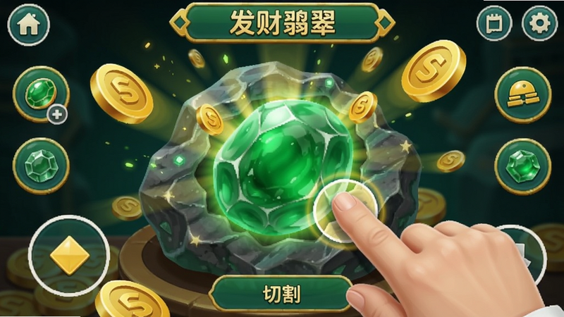 发财翡翠游戏内切割原石的界面,玩家手指点击屏幕,绿色翡翠露出,背景有金币特效,画面明亮,适配Boogu模型生成。
