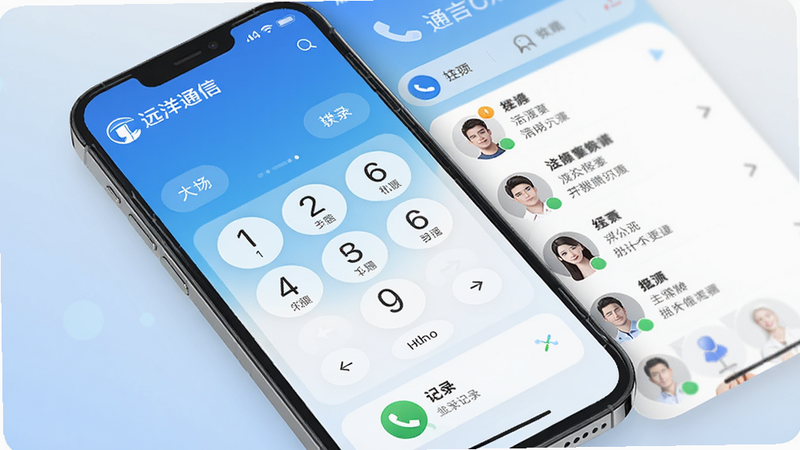 一张手机屏幕截图,显示远洋通信APP主界面,主体是拨号盘和联系人列表,背景为蓝色渐变,光线柔和,高清,远洋通信logo在左上角,画面中心为拨号按键,下方有通话记录图标,整体风格现代简洁