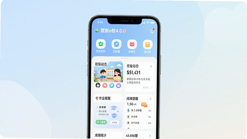 慧新e校4.0.0版本主界面预览图,画面中央展示手机屏幕中的APP首页,顶部有通知栏和快捷功能图标,下方是班级动态、作业提醒、成绩统计等模块,背景为浅色渐变,整体风格简约柔和,突出家校互动主题。