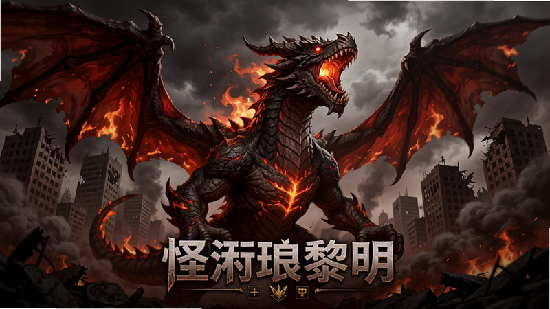 怪兽黎明游戏主界面,画面中央是一只巨大的龙形怪兽,浑身燃烧着火焰,背景是倒塌的高楼大厦和浓烟,城市废墟上空阴云密布,怪兽张开巨口咆哮,整体色调偏暗红,充满力量感和末日氛围,适合作为游戏宣传图