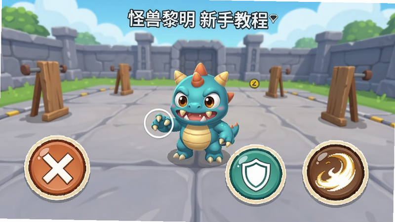 怪兽黎明新手教程界面,屏幕上显示操作按键提示,有攻击、防御、技能三个圆形按钮,背景是训练场,画面中央有一只小型怪兽引导玩家点击,整体风格明亮简洁,适合教程截图