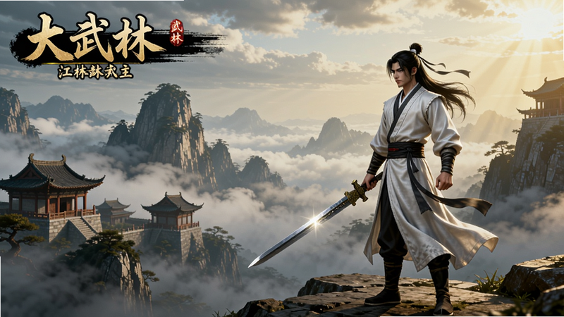 大武林游戏主界面,一位白衣侠客执剑站立于山巅,背景是云雾缭绕的群山和古色古香的楼阁,阳光透过云层洒下,画面色彩浓郁,光影层次分明,整体风格写实且富有江湖意境