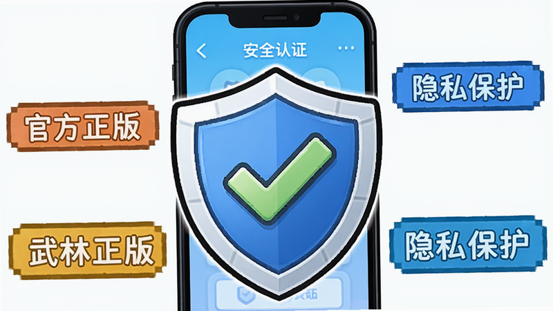 大武林游戏安全提示图,一个盾牌图标中间有对勾,背景是手机屏幕显示安装安全认证,周围有“官方正版”“隐私保护”字样,风格简约卡通