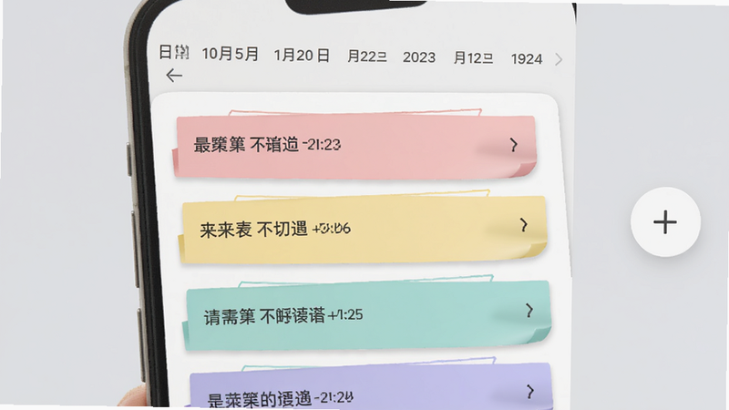 日常记事簿主界面预览图,展示简洁卡片式布局,顶部有日期导航栏,中部为多条彩色便签样式的记录条目,背景为柔和的浅灰色,右侧有悬浮添加按钮,整体风格清新明快,适配手机竖屏显示。