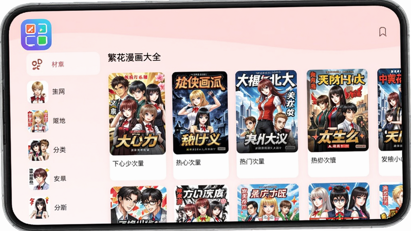 繁花漫画大全 app主界面,展示漫画分类列表,背景为淡粉色,画面中央有热门漫画封面缩略图,左上角应用图标,整体风格清新简洁