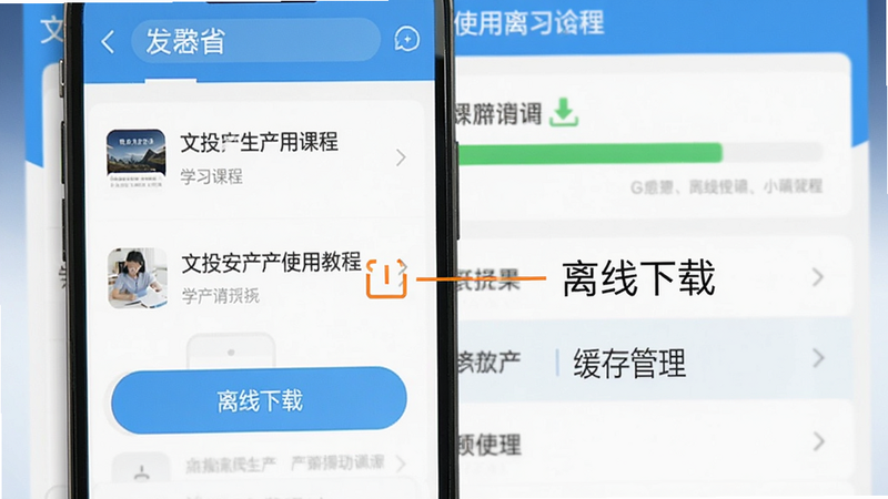文投安全生产使用教程截图,展示手机屏幕上的课程列表和离线下载按钮,背景为学习界面,有绿色进度条,标注“离线下载”和“缓存管理”选项。