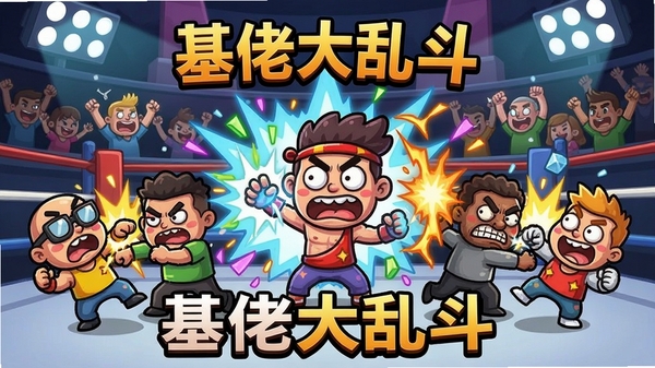 基佬大乱斗,多个滑稽角色在混乱擂台互殴,色彩鲜艳,卡通风格,画面中心有角色使用夸张技能,背景是竞技场,适合游戏宣传图