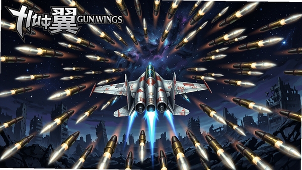 铳翼Gun Wings游戏主界面,画面中央是战机在密集弹幕中穿梭,背景为星空与城市废墟,横版构图,色彩鲜艳