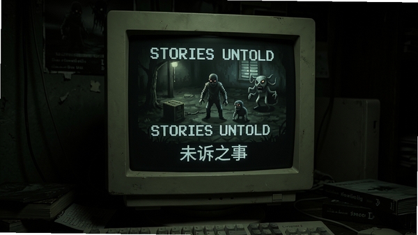 Stories Untold未诉之事游戏主界面,一台老式电脑显示器上显示文字冒险画面,背景昏暗,氛围诡异