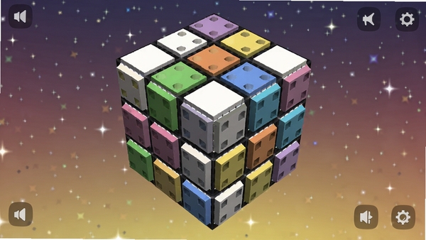 双立方体游戏主界面,中央是一个3D立方体棋盘,各色立方体单位分布于格子中,背景为星空渐变,画面清晰明亮。