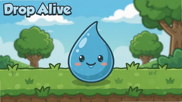 水滴大冒险Drop Alive游戏截图,画面中央是一颗蓝色水滴在绿色草地上,背景有树木和天空,风格清新卡通,适配Boogu模型生成。