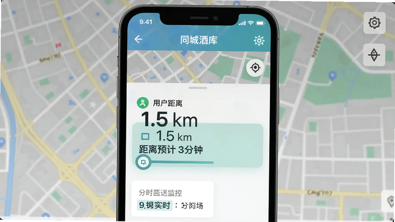 一张手机截图显示同城酒库订单跟踪页面,骑手距离用户还有1.5公里,预计3分钟到达,背景为街道地图,突出配送实时监控功能。