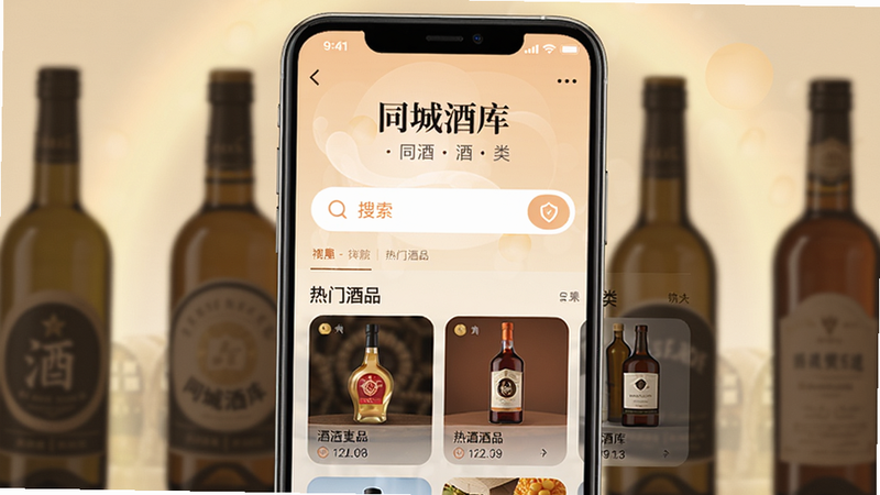 同城酒库app界面截图,背景为柔和的光晕和酒瓶剪影,画面中央显示搜索框和热门酒品分类,整体风格简洁清新,突出移动端购酒体验。