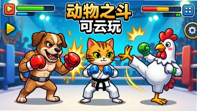 A colorful fighting arena featuring anthropomorphic animals like a boxing dog, a karate cat, and a capoeira chicken, action poses with health bars and combo effects, bright cartoon art style, title