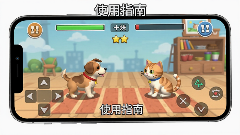 A screenshot showing the game interface with virtual controls on a smartphone screen, a match between a dog and a cat in progress, health bars, combo counter,