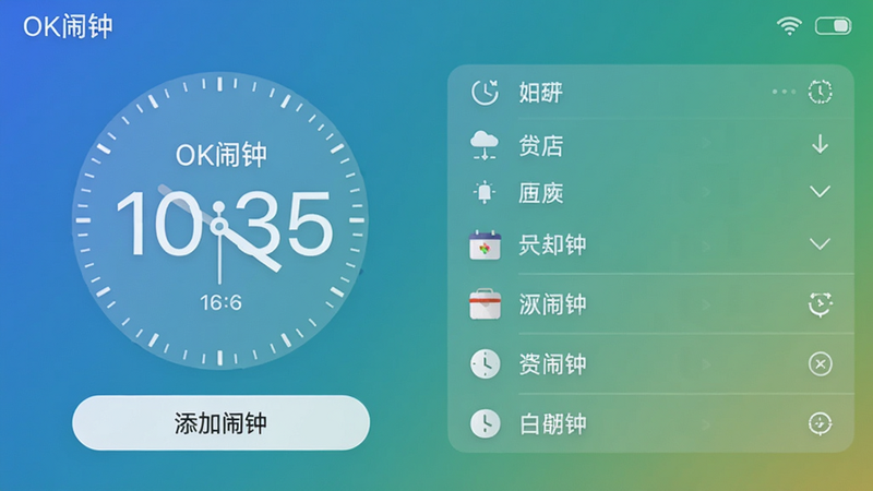 OK闹钟的主界面截图,显示一个清爽的时钟表盘,背景为渐变色,下方有“添加闹钟”按钮和列表,整体风格极简现代,突出软件名称OK闹钟。
