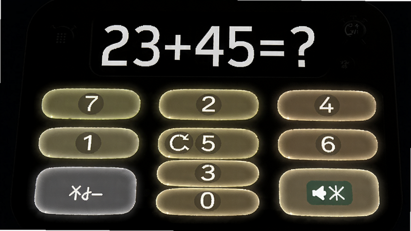 闹钟响铃界面,显示一道数学题“23+45=?”和数字键盘,背景为暗色,按钮发光,突出OK闹钟的防赖床功能。
