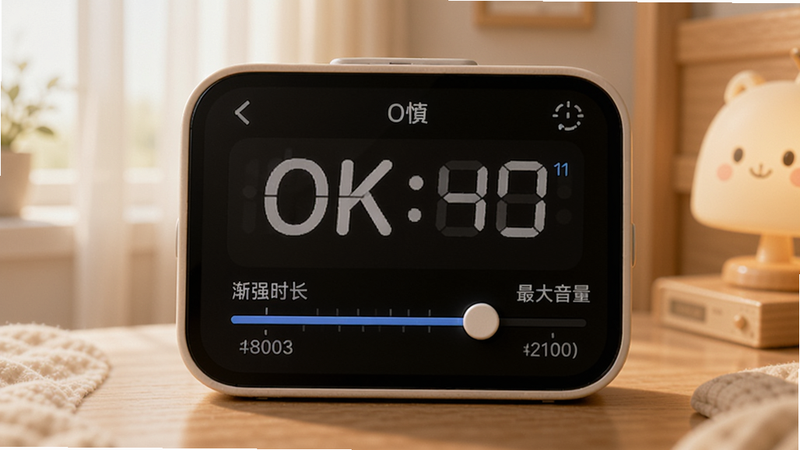 音量设置界面,滑动条上有“渐强时长”和“最大音量”标记,背景柔和,突出OK闹钟的渐进式设计。