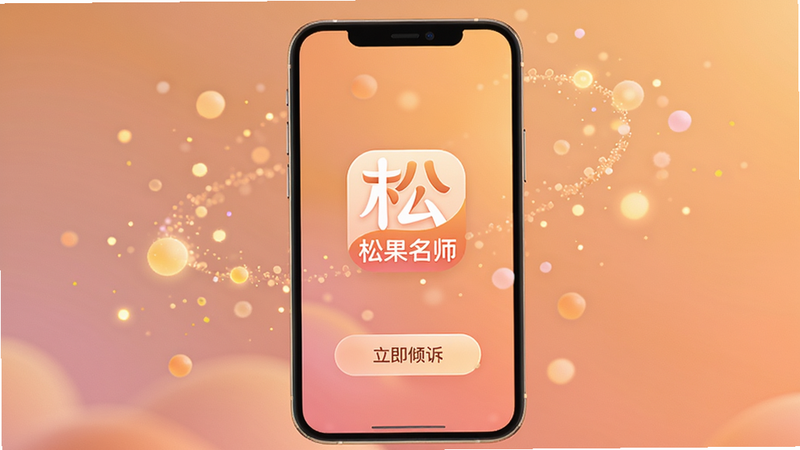 松果名师软件整体预览,手机屏幕显示温暖渐变背景,中央是松果名师logo,下方有“立即倾诉”按钮,四周点缀柔光粒子,画面温馨治愈,适合Boogu模型生成的柔和风格