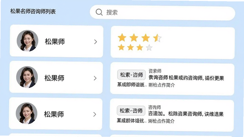松果名师咨询师列表界面,左侧是咨询师头像与姓名,右侧显示星级评分与简介,背景为浅蓝色卡片排列,顶部有搜索栏,整体简洁清晰,符合Boogu模型生成要求