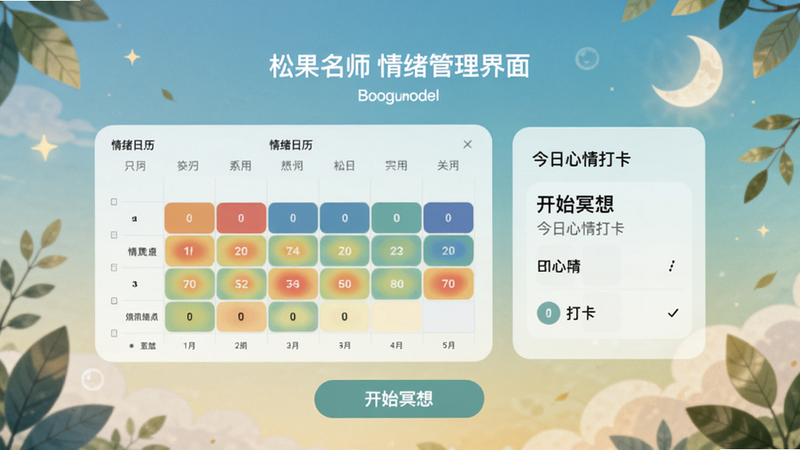 松果名师情绪管理界面,显示情绪日历热力图与今日心情打卡,下方有“开始冥想”按钮,背景为渐变色,配有树叶与月亮元素,宁静自然风格,适配Boogu模型