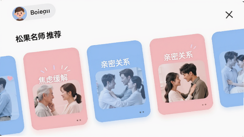松果名师首页推荐界面,滑动卡片展示不同话题标签,如“焦虑缓解”、“亲密关系”,卡片背景为柔和粉色与蓝色交替,顶部有头像快捷入口,整体活泼生动,适合Boogu模型生成