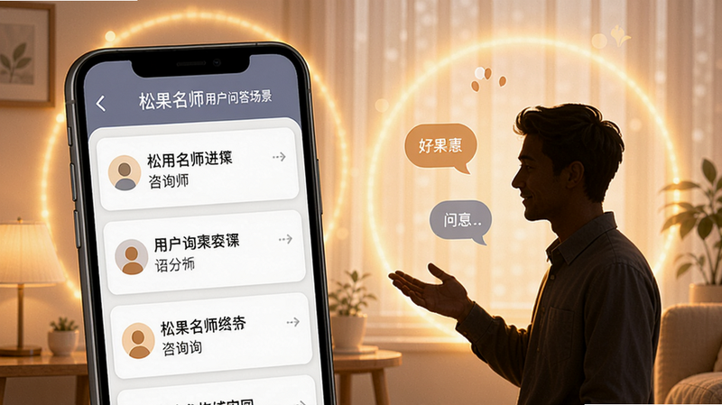 松果名师用户问答场景,手机屏幕显示问答列表,背景有柔和光晕,人物剪影代表咨询师与用户,温馨对话风格,适配Boogu模型