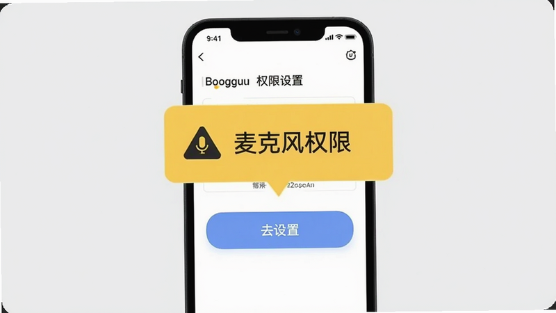 松果名师使用教程示意图,手机屏幕显示权限设置页面,黄色警示框标注“麦克风权限”,下方有“去设置”按钮,背景为浅灰色,简单明了,符合Boogu模型