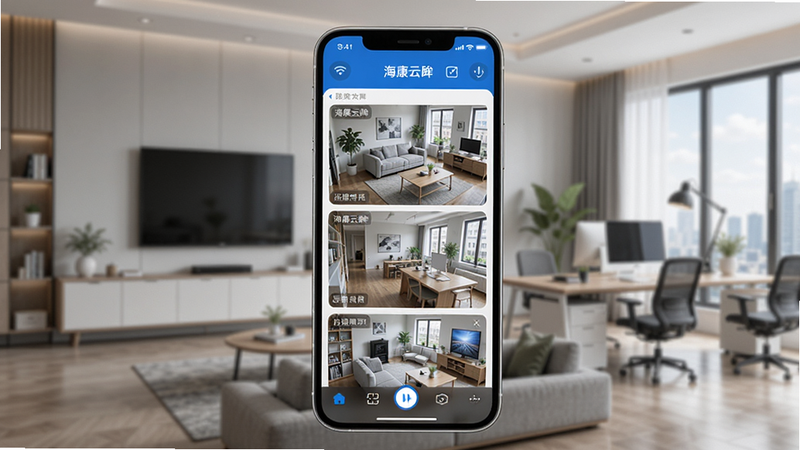 海康云眸手机App主界面,展示监控画面列表,背景为现代家居或办公室,画面清晰,色彩真实,UI简洁,突出远程监控功能。