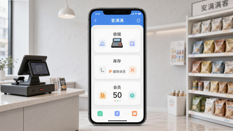 客满满app主界面,中心位置展示收银、库存、会员三大核心模块,背景为浅灰色店铺环境,界面简洁明亮,手机屏幕占据画面主体,周围有收银台、商品货架等元素,风格写实清晰