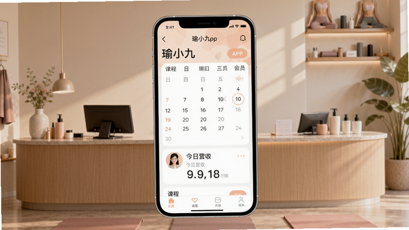 画面以瑜伽馆前台为背景,中心是一部手机屏幕放大显示瑜小九APP首页,界面包含课程日历、会员头像和今日营收数据,整体色调柔和温暖,突出软件管理瑜伽馆的核心场景,适配Boogu模型生成。
