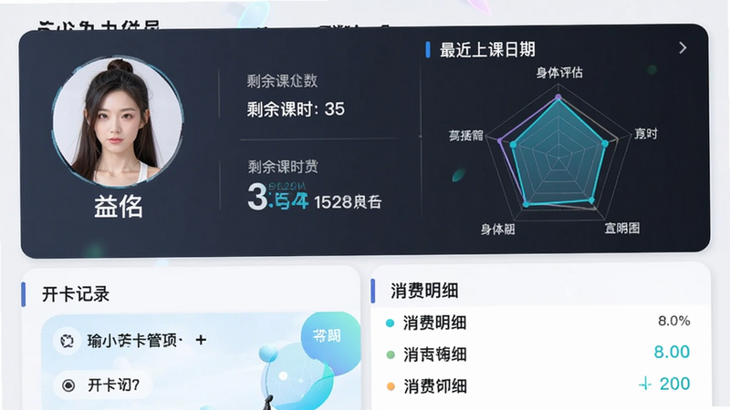 瑜小九会员详情页,页面包含会员头像、姓名、剩余课时数、最近上课日期和身体评估雷达图,下方有开卡记录和消费明细列表,整体设计清爽,突出数据化管理。