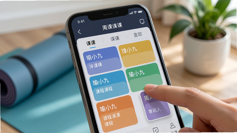 瑜小九APP排课界面特写,手机屏幕上显示周课表,不同颜色代表不同课程类型,手指正在拖动某个课程块进行调换,背景虚化出瑜伽垫和绿植,体现智能调课的便捷性。