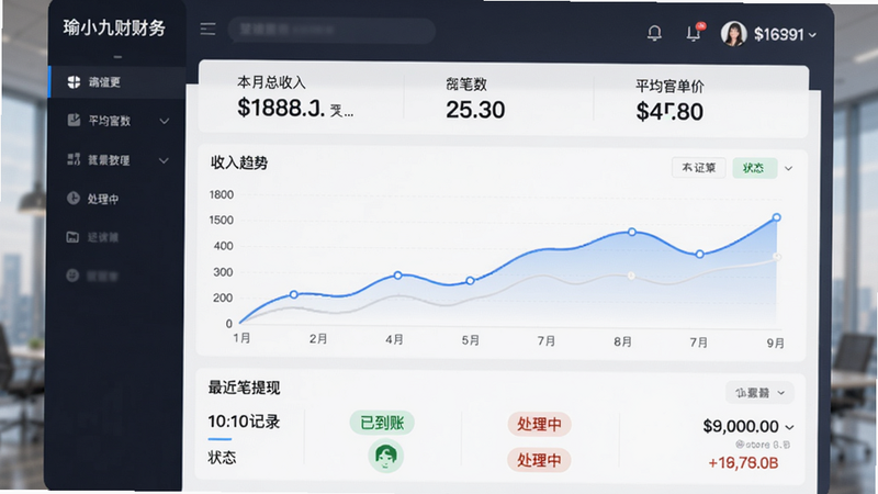 瑜小九财务页面,顶部显示本月总收入、笔数和平均客单价,中间为收入趋势折线图,底部是最近几笔提现记录(状态:已到账、处理中),界面商务感强,数据清晰。
