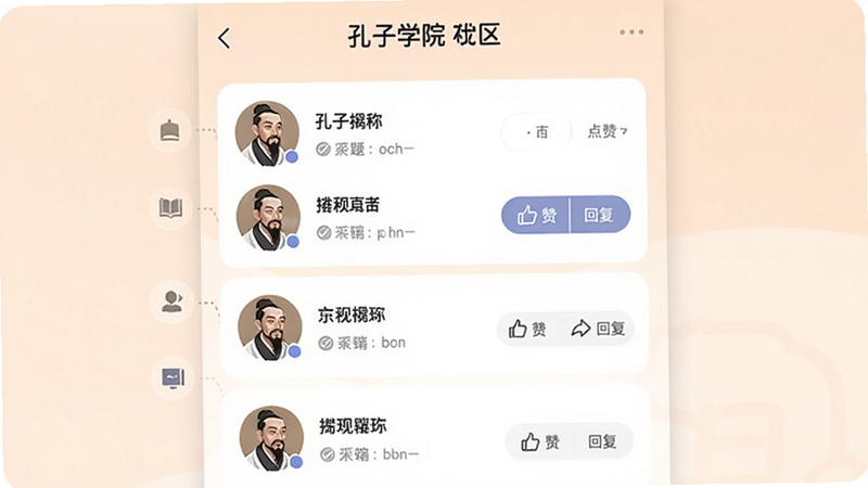 孔子学院app社区页面,显示用户提问列表,头像和昵称可见,有点赞和回复按钮,背景色柔和,突出社交元素。