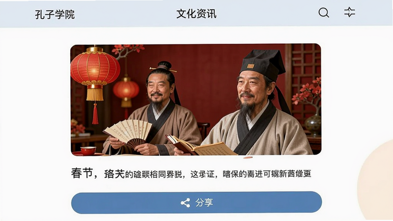 孔子学院app文化资讯页面,展示一篇关于春节的文章,带有图片和文字,顶部有导航栏,底部有分享按钮,风格清新简约。