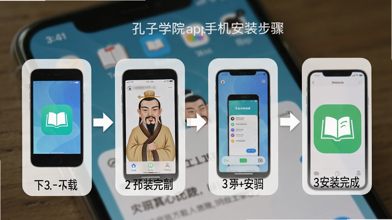 孔子学院app手机安装步骤示意图,展示从下载到安装完成的四个步骤,画面简洁,箭头指示清晰,背景为手机屏幕虚化效果。