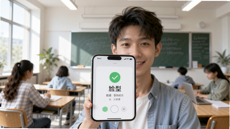 脸签核心功能预览图,画面主体为一部手机屏幕显示签到成功界面,背景是教室或办公室场景,光线明亮,用户正对准摄像头,界面显示绿色对勾和姓名,整体风格清晰现代
