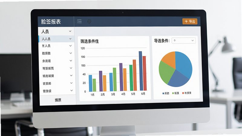 脸签报表界面展示,电脑屏幕显示彩色柱状图和饼图,左侧有人员列表和筛选条件,右上角有导出按钮,整体配色商务简洁,数据清晰