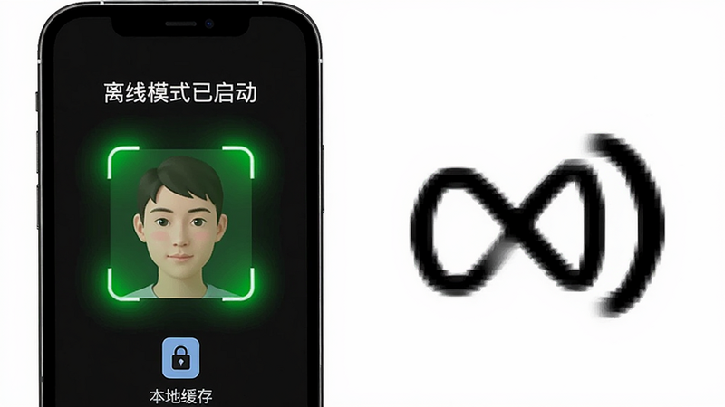 脸签离线模式示意图,手机界面显示“离线模式已启动”字样,背景为无信号图标,但人脸识别框仍亮起绿色,下方有本地缓存图标,风格简洁明了